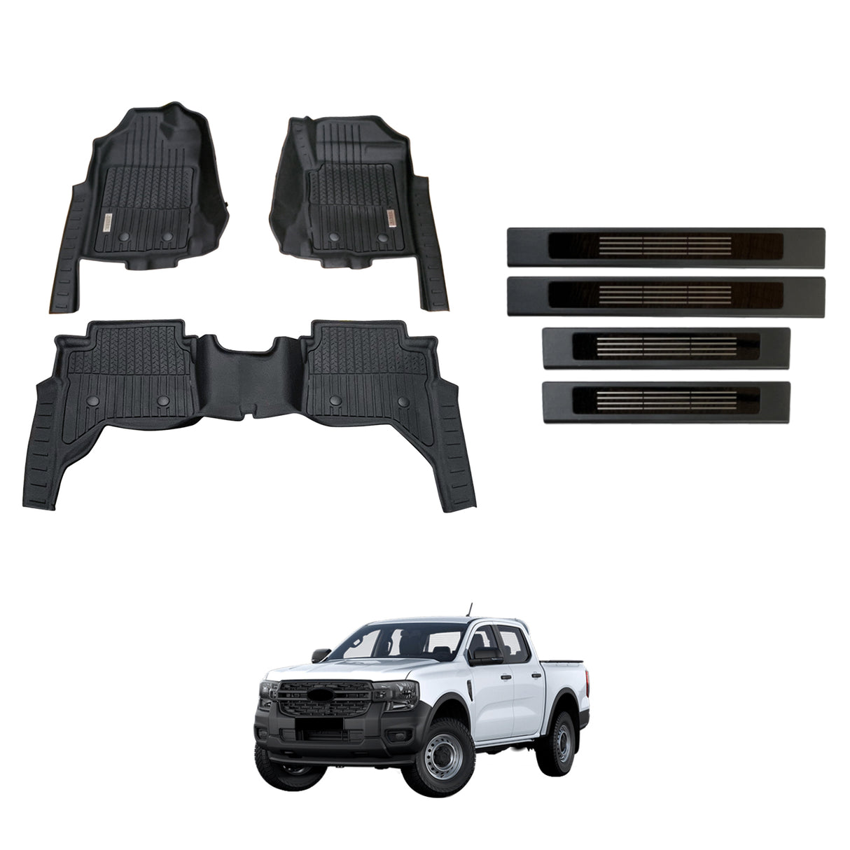 5D Injection Floor Mats + Black Door Sill Protector for Ford Ranger Dual Cab Next-Gen 2022-Onwards