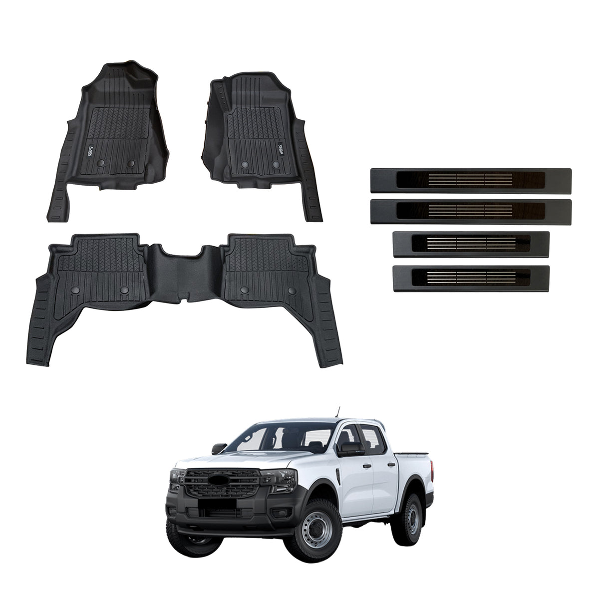 7D Injection Floor Mats + Black Door Sill Protector for Ford Ranger Du