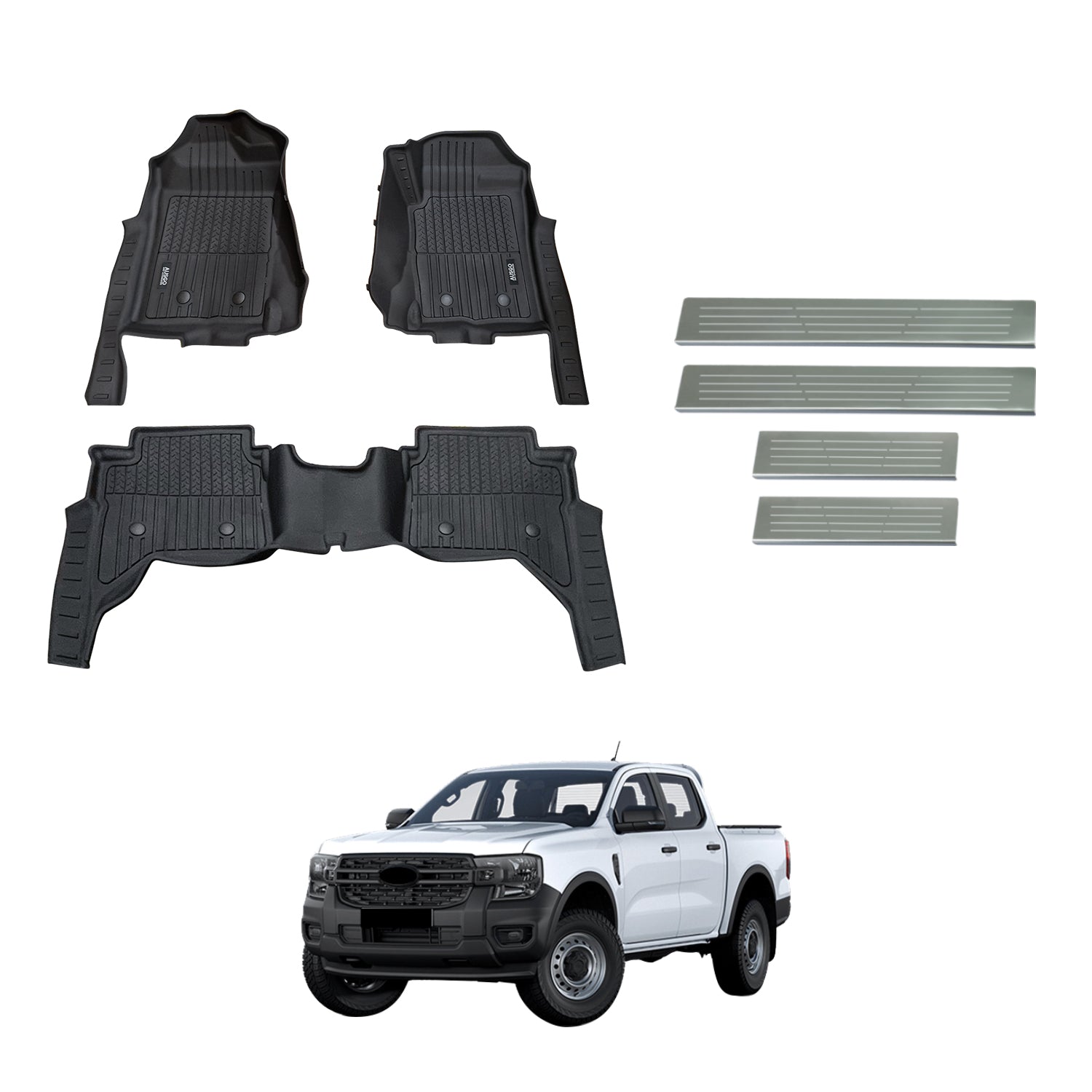 7D Injection Floor Mats + Black Door Sill Protector for Ford Ranger Next-Gen Dual Cab 2022-Onwards