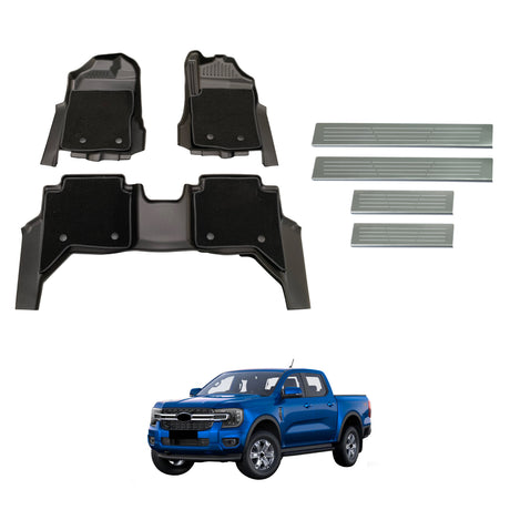 Double-Layer Car Floor Mats + Door Sill Protector for Ford Ranger Dual Cab Next-Gen 2022-Onwards