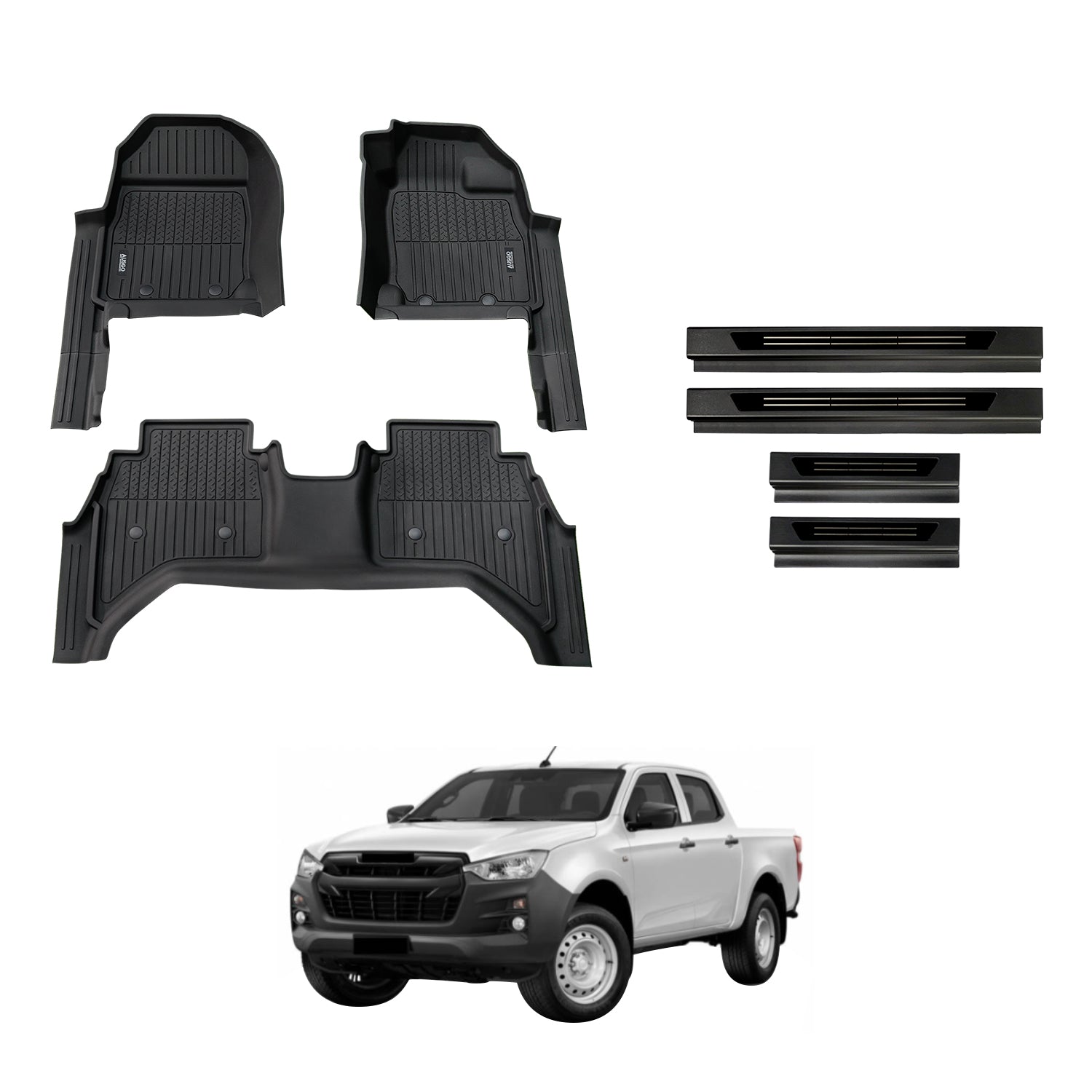 7D Injection Floor Mats + Black Door Sill Protector for ISUZU D-MAX DMAX Dual Cab 2020-Onwards