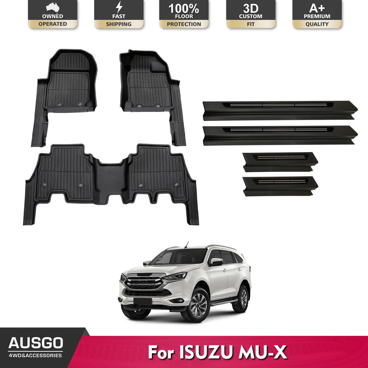 7D Injection Floor Mats + Black Door Sill Protector for ISUZU MUX MU-X 2021-Onwards
