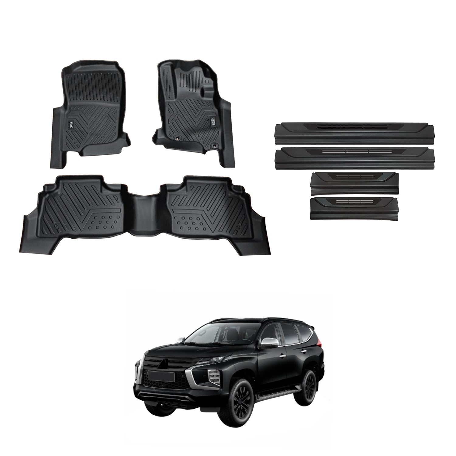 Car Floor Mats + Black Door Sill Protector for Mitsubishi Pajero Sport 2015-Onwards 5-Seat / 7-Seat