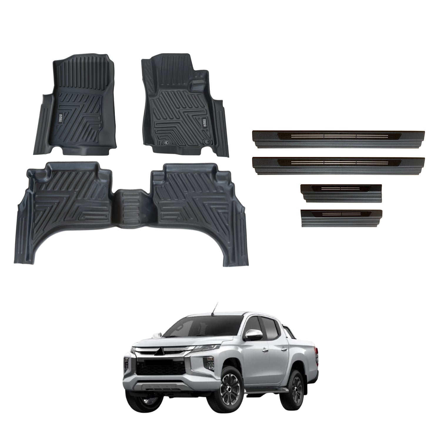 Car Floor Mats + Black Door Sill Protector for Mitsubishi Triton MQ MR Series Dual Cab 2015-2024