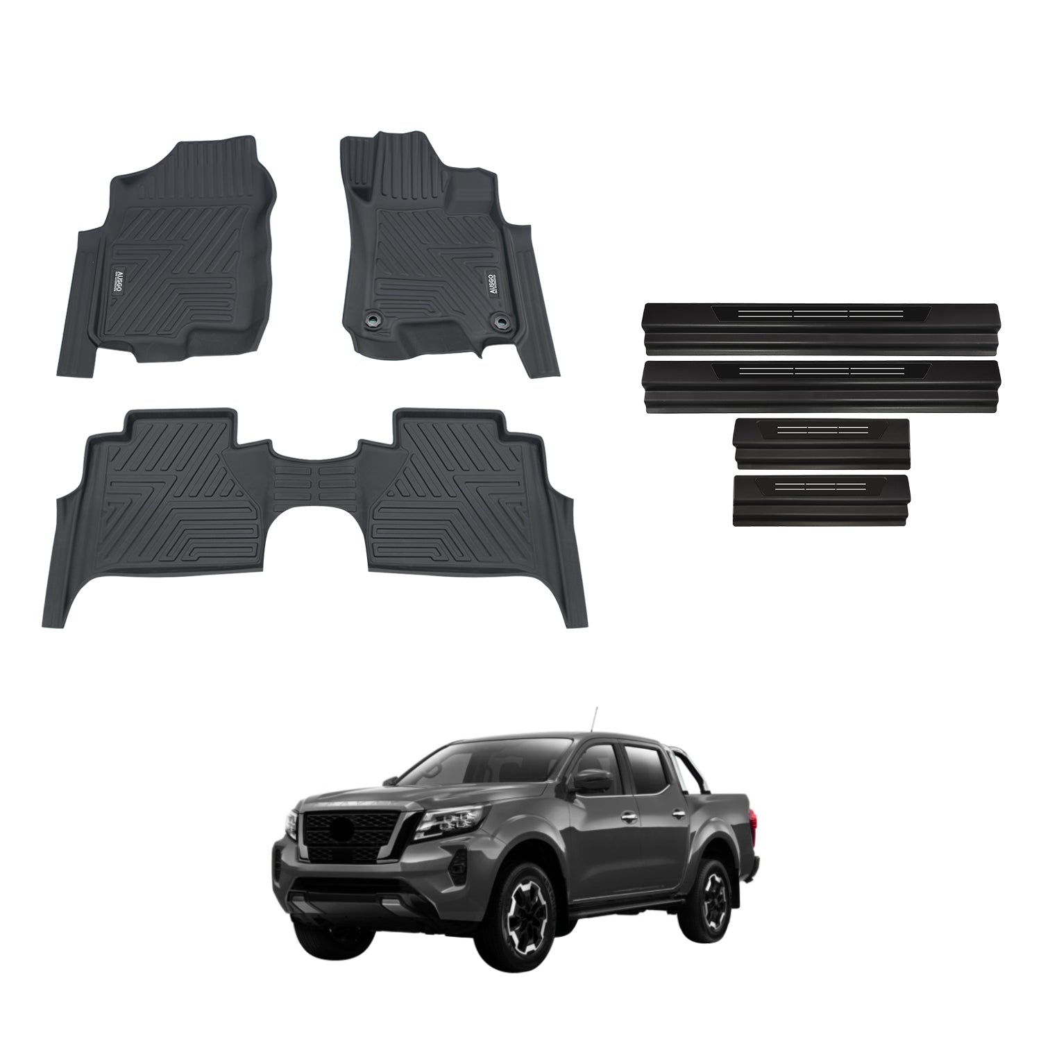 Car Floor Mats + Black Door Sill Protector for Nissan Navara NP300 D23 Dual Cab 2015-Onwards