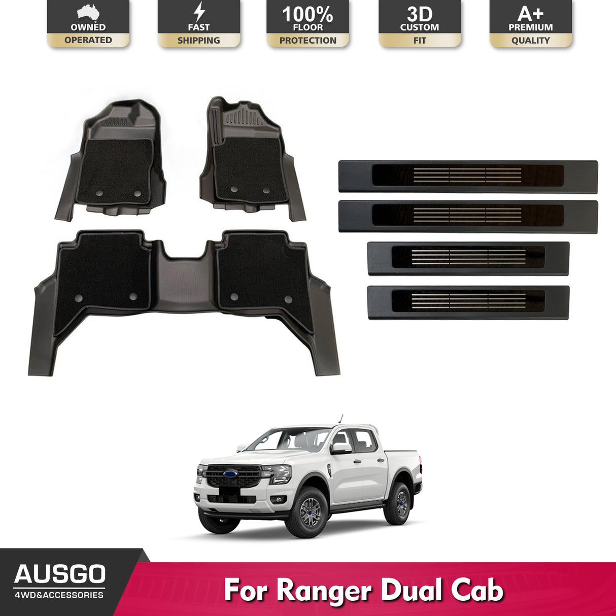 Double-Layer Car Floor Mats + Door Sill Protector for Ford Ranger Dual Cab Next-Gen 2022-Onwards