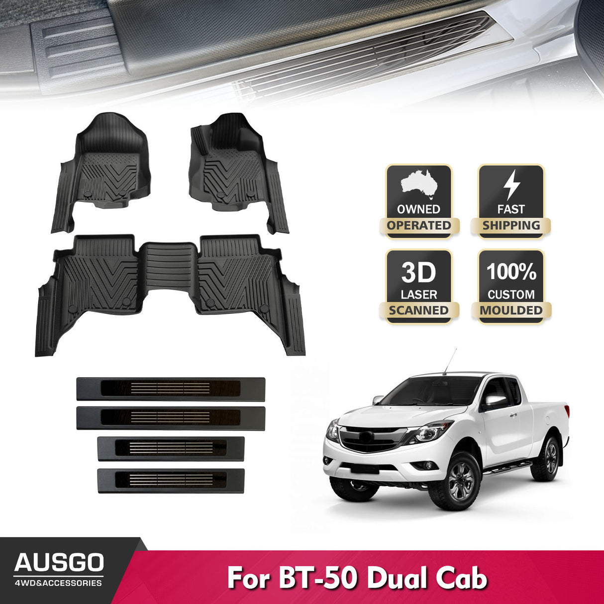 5D Injection Floor Mats + Black Door Sills for Mazda BT-50 BT50 UP Series Dual Cab 2011-2020