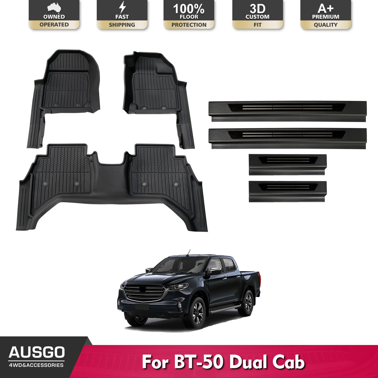 5D Injection Floor Mats + Black Door Sills Protector for Mazda BT-50 BT50 Dual Cab 2020-Onwards