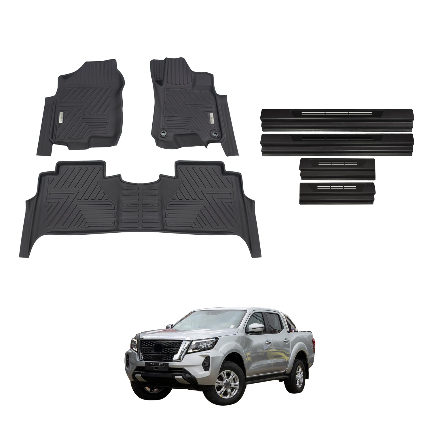 Car Floor Mats + Black Door Sill Protector for Nissan Navara NP300 D23 Dual Cab 2015-Onwards