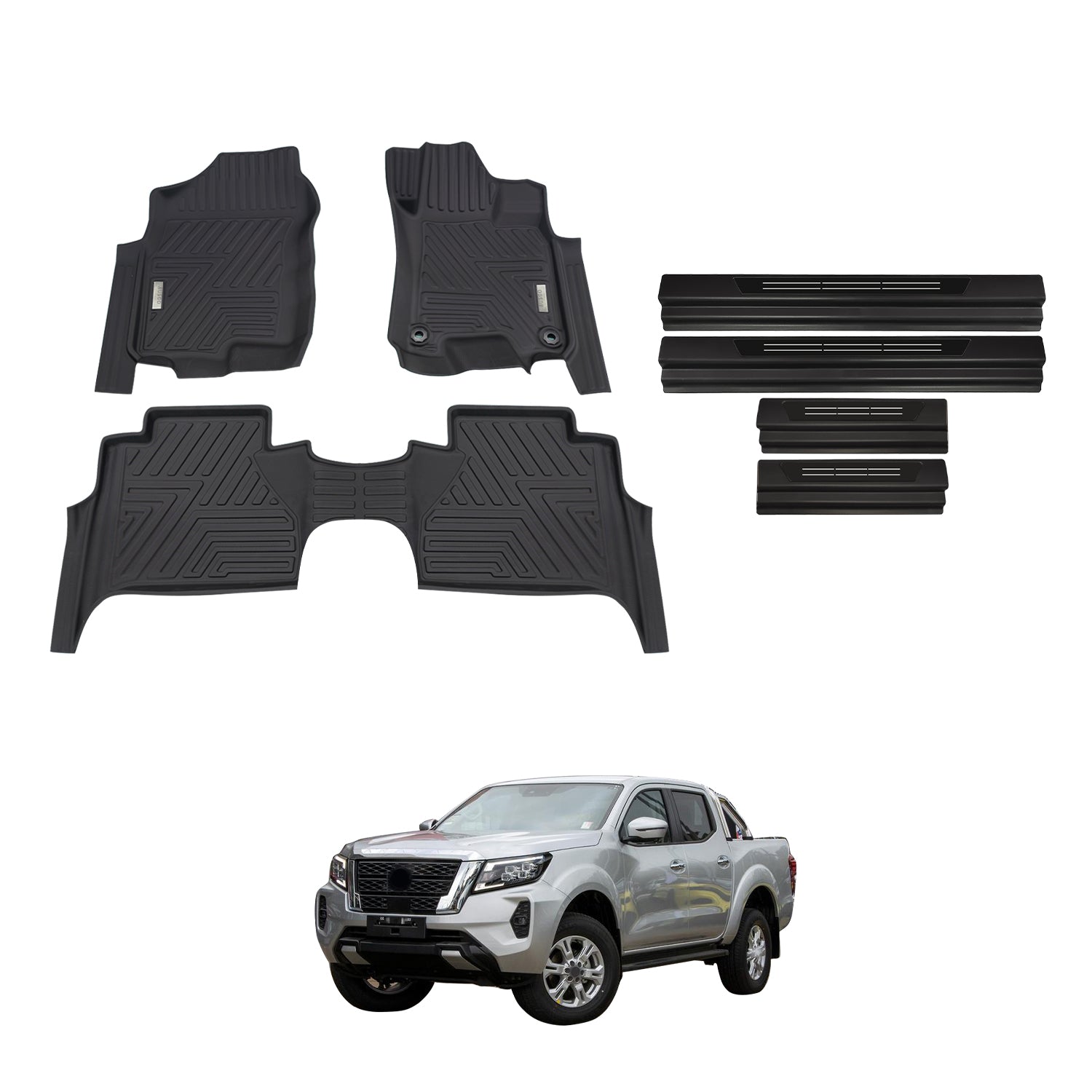 Car Floor Mats + Black Door Sill Protector for Nissan Navara NP300 D23 Dual Cab 2015-Onwards