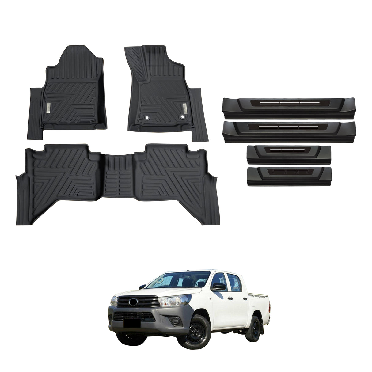 Car Floor Mats + Black Door Sill Protector for Toyota Hilux Dual Cab 2015-Onwards
