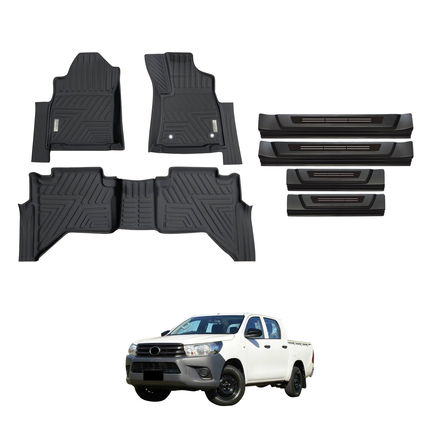 Car Floor Mats + Black Door Sill Protector for Toyota Hilux Dual Cab 2015-Onwards