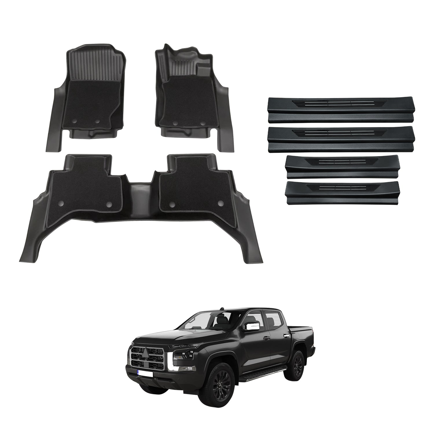 Double-Layer Car Floor Mats + Door Sill Protector for Mitsubishi Triton MV Next-Gen Dual Cab 2024-Onwards