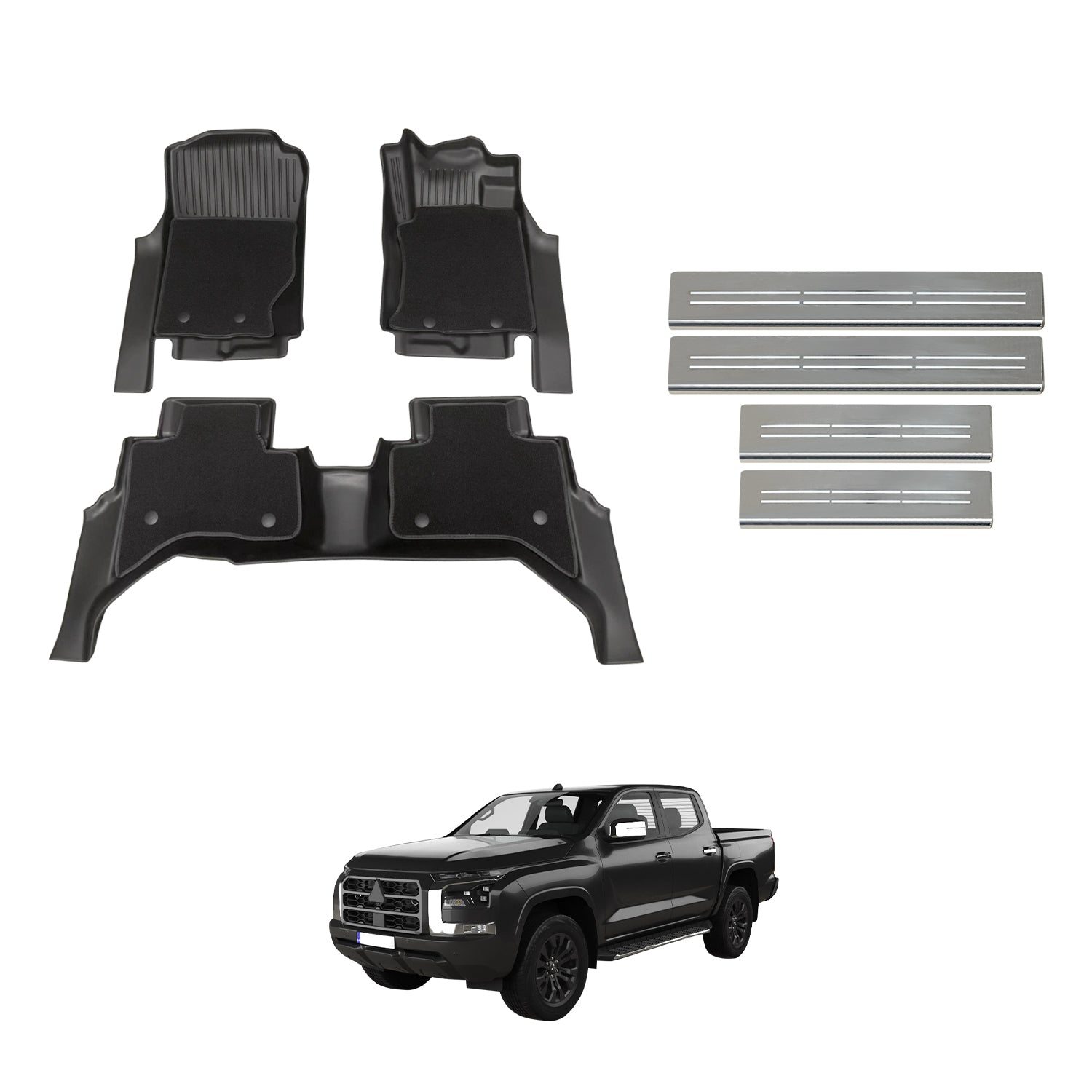 Double-Layer Car Floor Mats + Door Sill Protector for Mitsubishi Triton MV Next-Gen Dual Cab 2024-Onwards