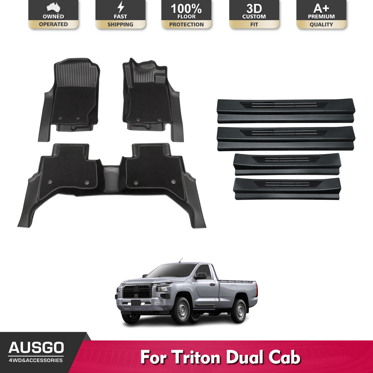 Double-Layer Car Floor Mats + Door Sill Protector for Mitsubishi Triton MV Next-Gen Dual Cab 2024-Onwards