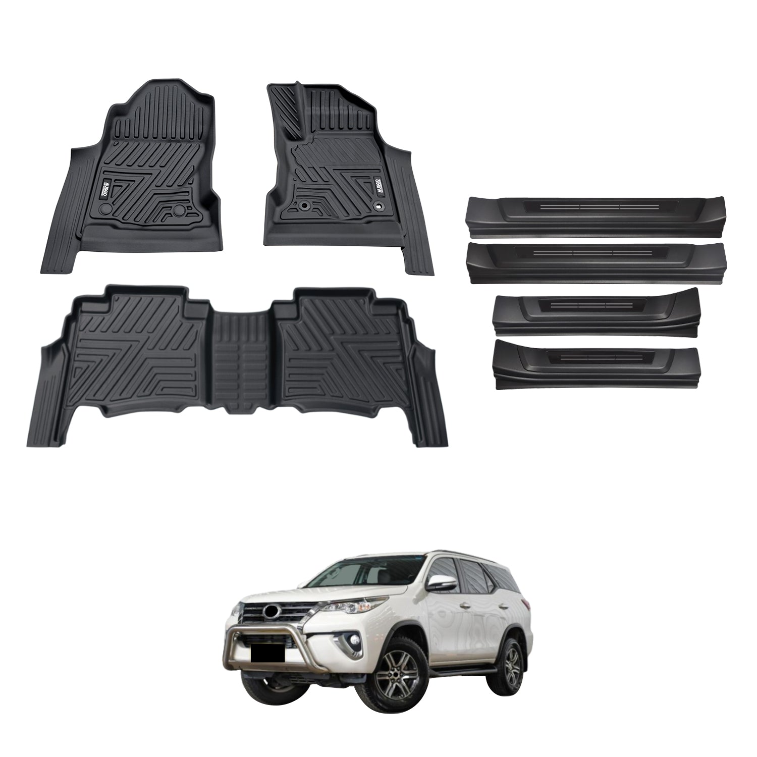 Car Floor Mats + Black Door Sill Protector for Toyota Fortuner Auto Transmission 2015-Onwards