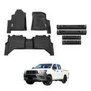 Car Floor Mats + Black Door Sill Protector for Toyota Hilux Dual Cab 2015-Onwards