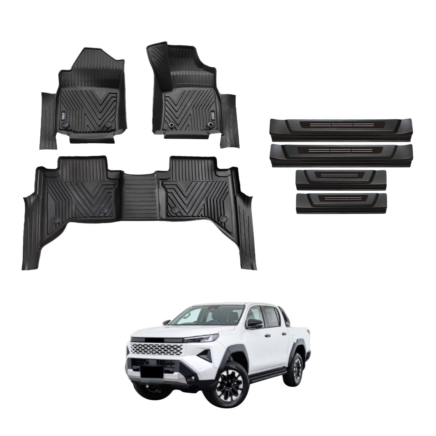5D Floor Mats + Black Door Sill Protector for Toyota Hilux Dual Cab 2025-Onwards