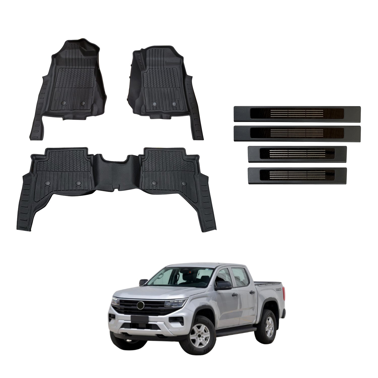 7D Injection Floor Mats + Black Door Sill Protector for Volkswagen Amarok Next-Gen NF Dual Cab 2023-Onwards