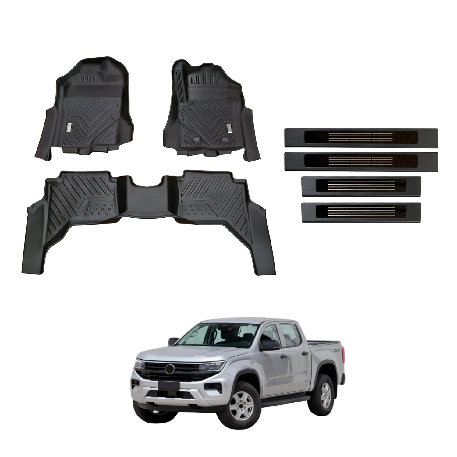 Car Floor Mats + Black Door Sill Protector for Volkswagen Amarok Next-Gen NF Dual Cab 2023-Onwards