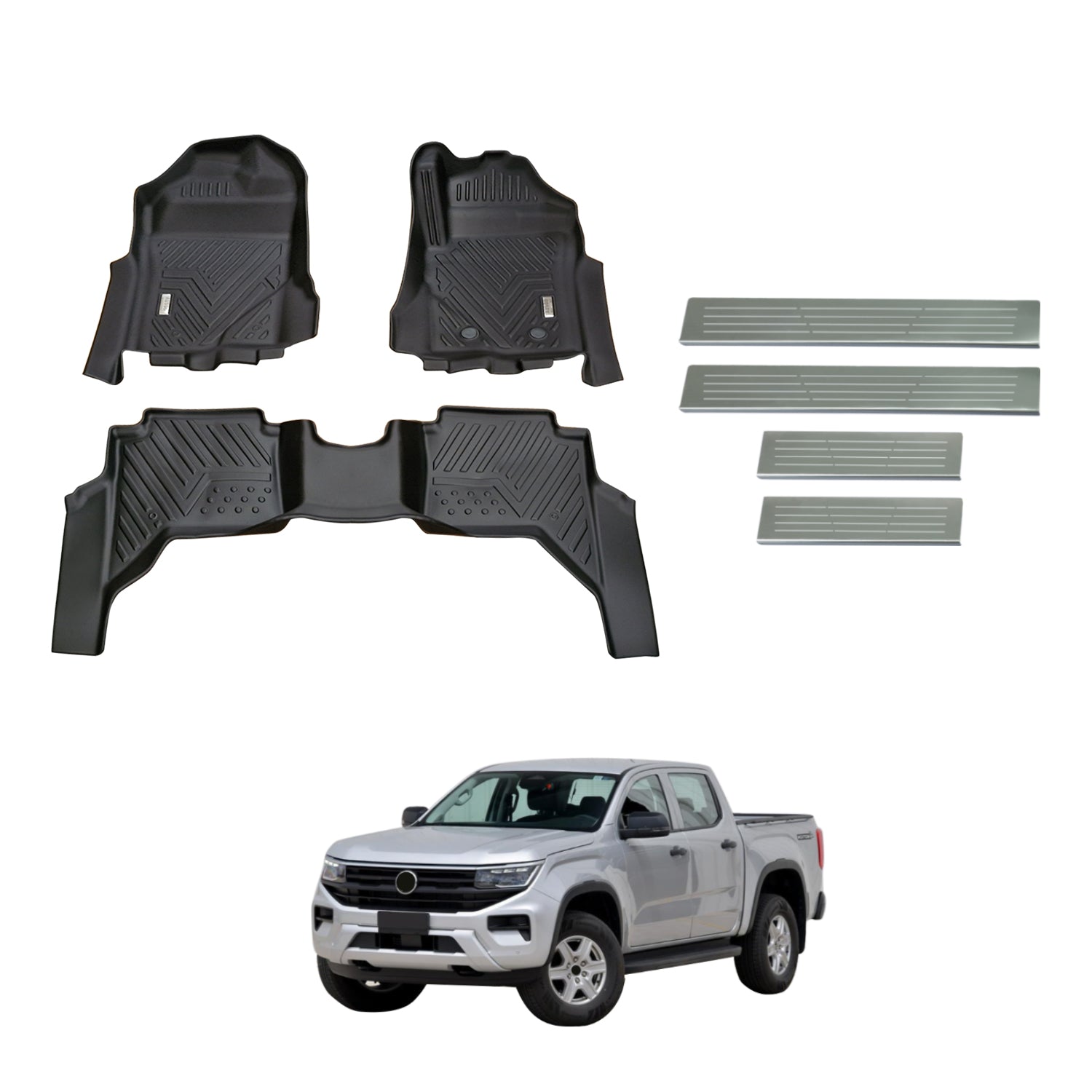 Car Floor Mats + Black Door Sill Protector for Volkswagen Amarok Next-Gen NF Dual Cab 2023-Onwards
