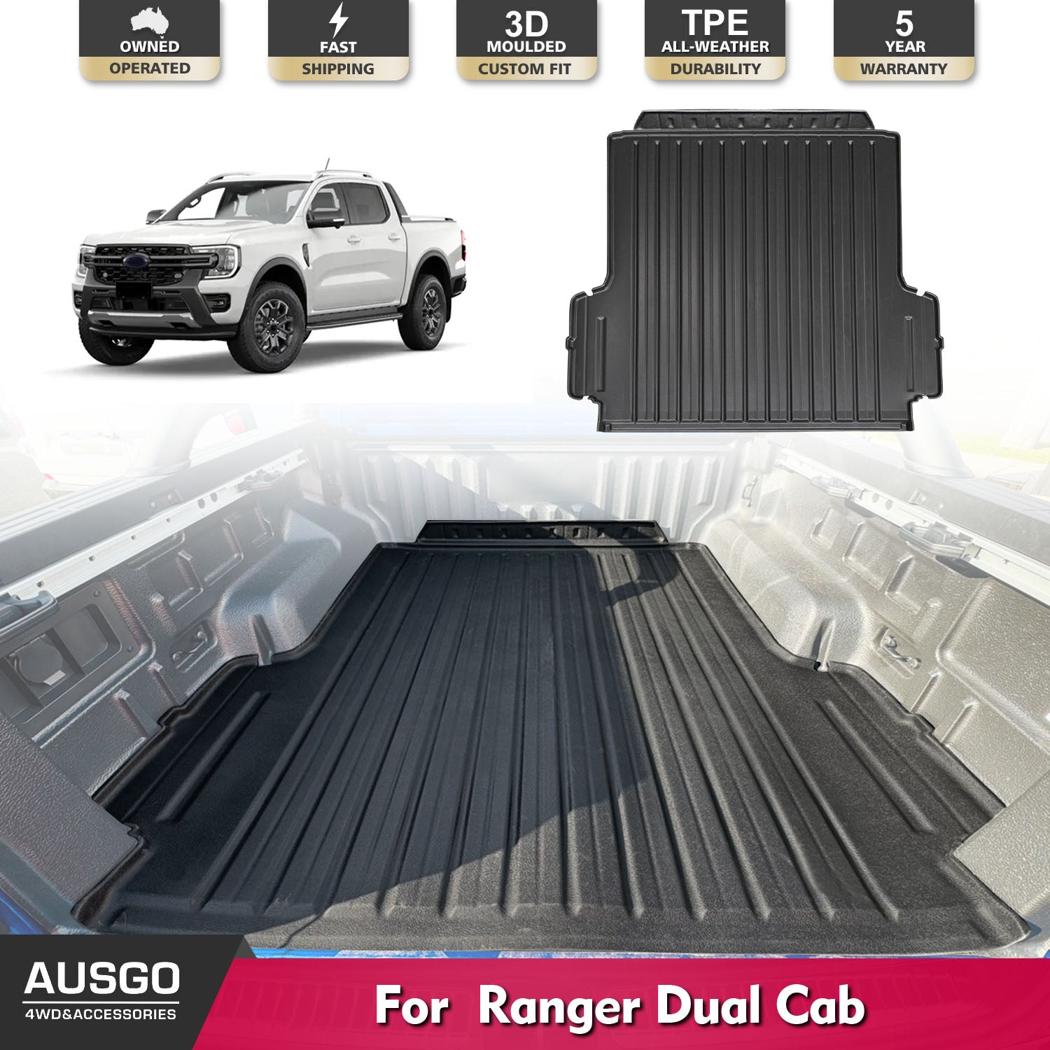 3D TPE Ute Mat for Ford Ranger Dual Cab 2022-Onwards Fitted with Factory Plastic Tub Liner